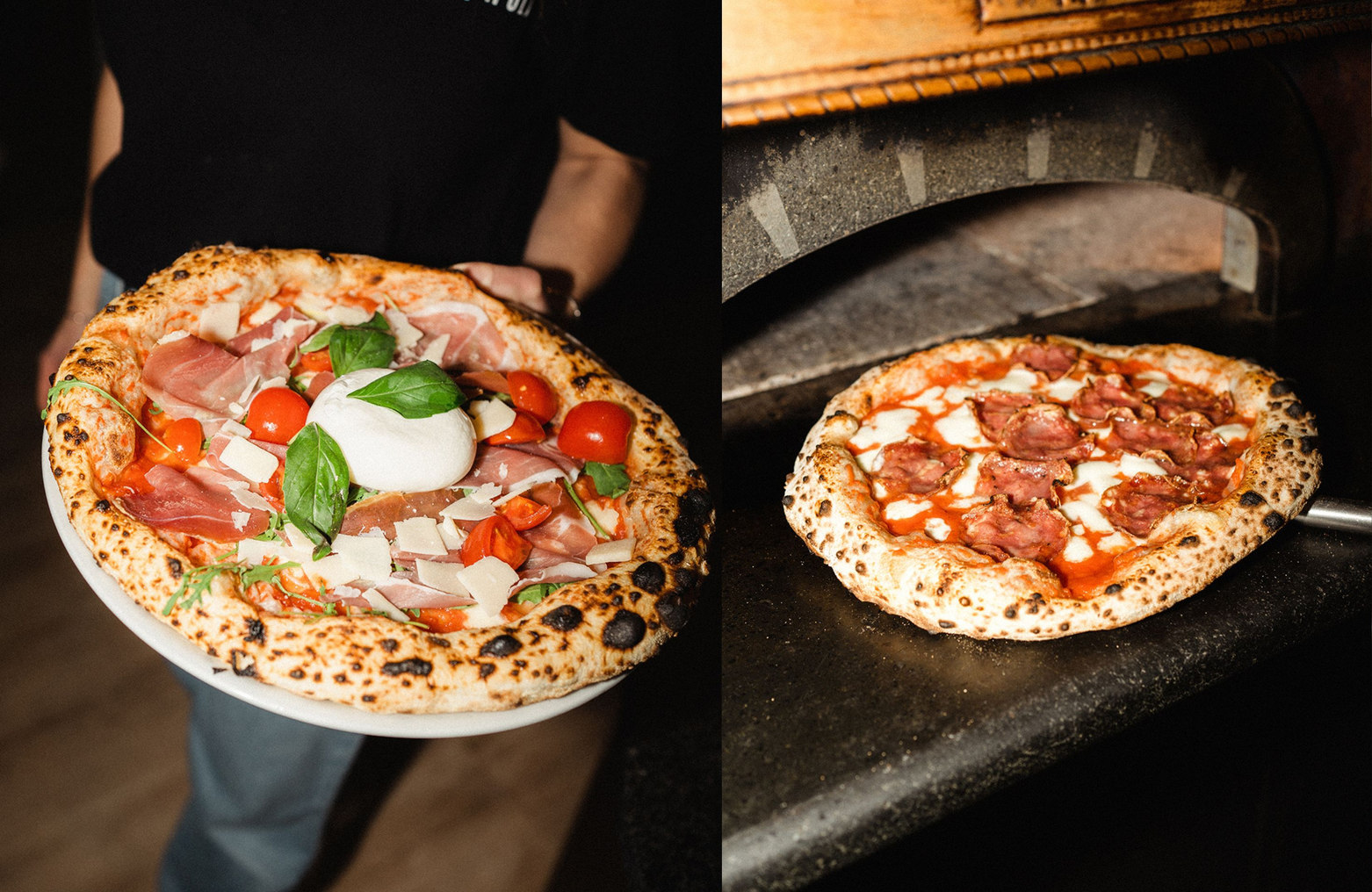 Neapolitanische Pizza bei Spaccanapoli, einmal auf dem Teller und einmal im Ofen