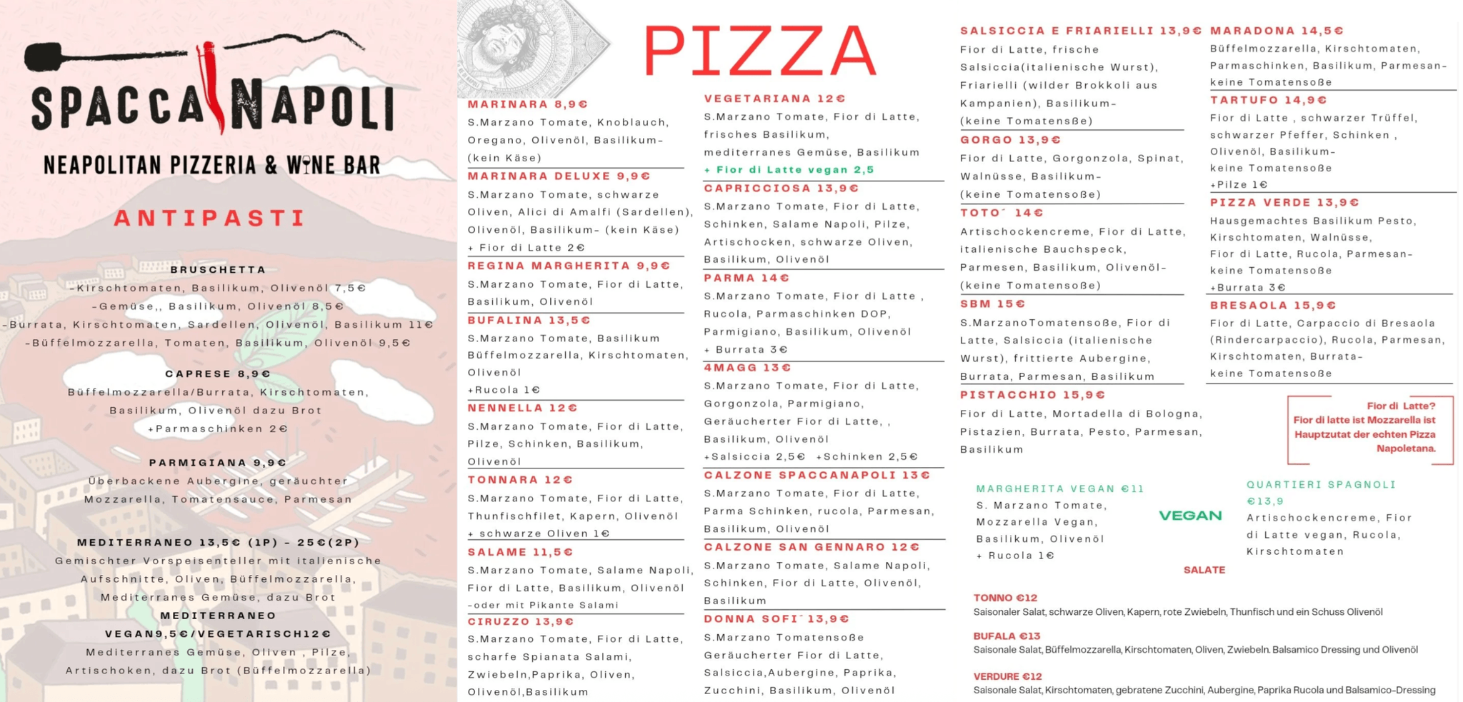 Vollständige Spaccanapoli Pizzakarte mit Antipasti, Pizza, veganen Optionen und Salaten