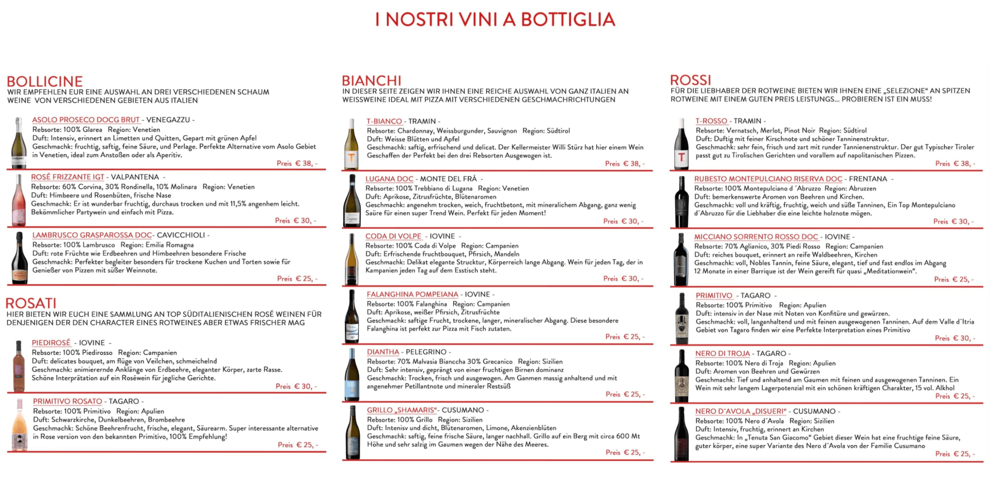 Vollständige Spaccanapoli Weinkarte mit Bollicine, Weißweinen, Rotweinen und Rosati